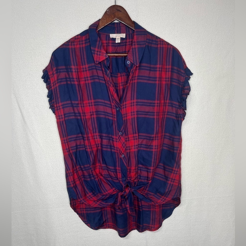 Como Vintage Button Up Plaid Ruffle Front Tie Top Sz M